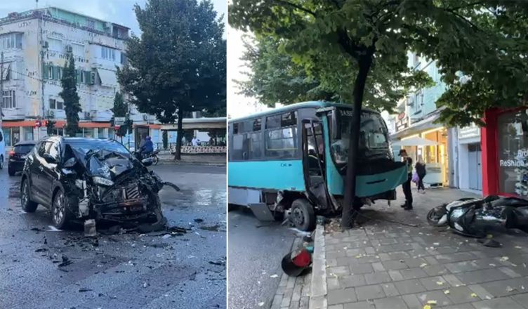 Aksident në rrugën “Bardhyl” në Tiranë, makina përplaset me urbanin, goditet edhe një motor i parkuar